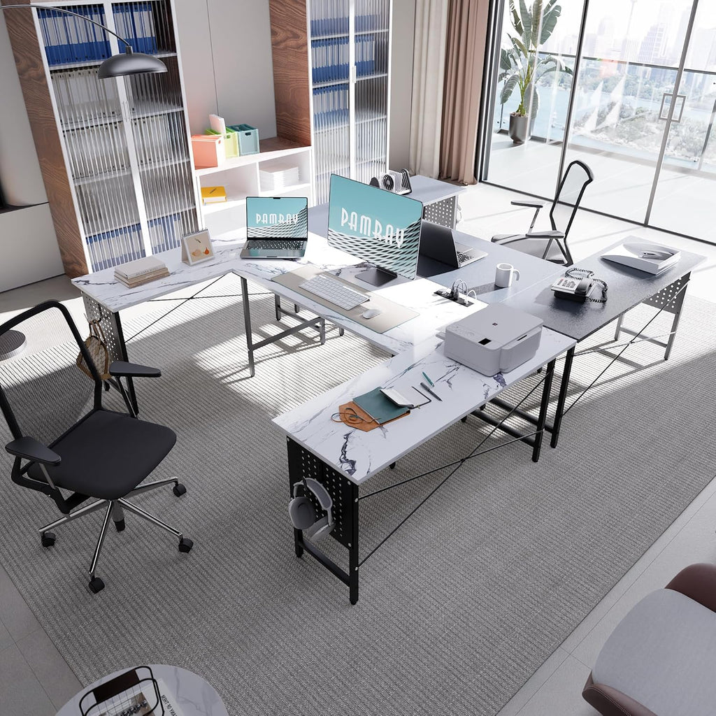 Pamray 71 Inch Large Computer Desk with Power Outlets,U Shaped Corner Desk for Home Office Work and Gaming Marble