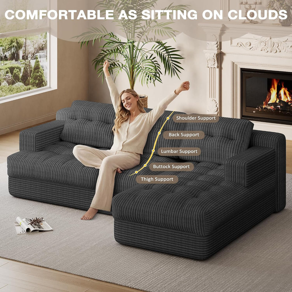 Boneless Couch, 2026 New Boneless Sectional Couch with Deep Seat & Chaise for Small Spaces, Upholstered Cloud Couch Sectional Boneless Couches for Living Room, No Assembly, Right Facing Chaise, Grey