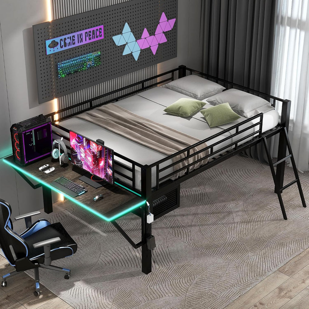 SOFTSEA Twin Size Low Loft Bed with Desk & LED Light, Metal Gaming Loft Bed with Desk and Storage Space for Kids Teens, Black