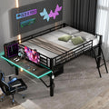 SOFTSEA Twin Size Low Loft Bed with Desk & LED Light, Metal Gaming Loft Bed with Desk and Storage Space for Kids Teens, Black