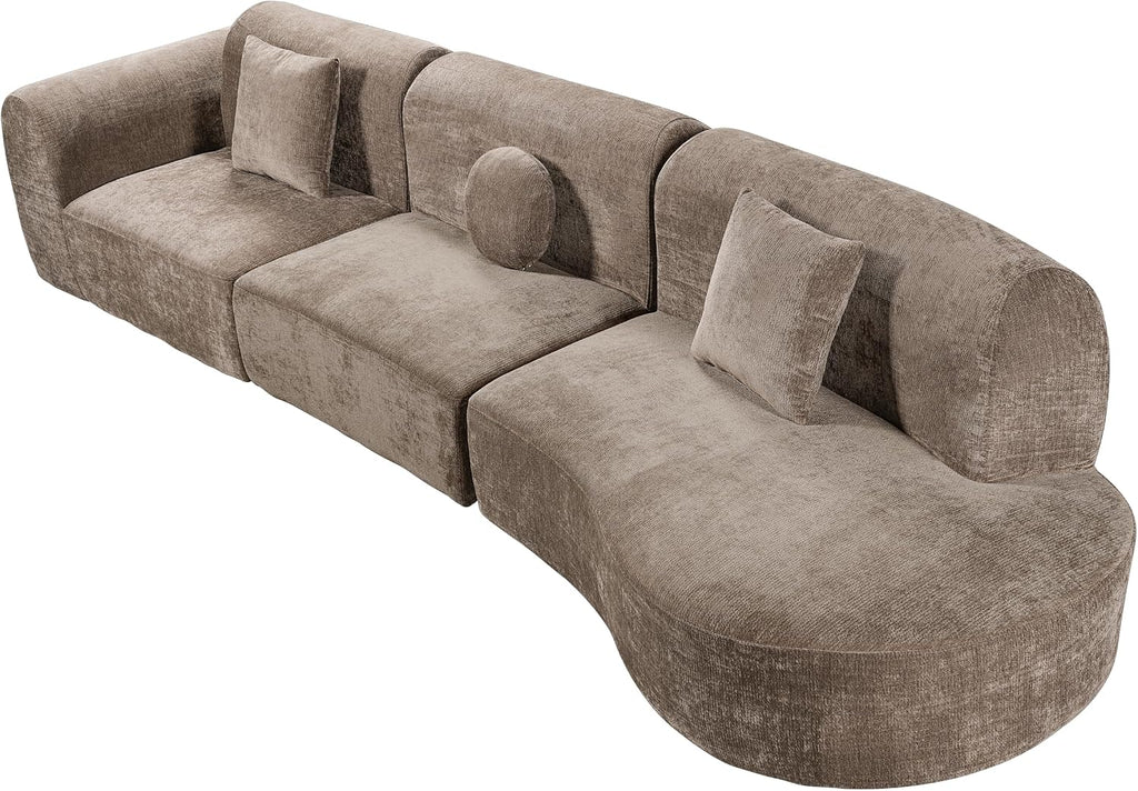 Merax 3-Piece 140' Curved Sectional Sofa Set, 4 Seat L-Shaped Modular Modern Cloud Couch with Chaise Lounge, 3 Pillows, Fully Assembled High-Density Compressed Sponge for Living Room, Brown