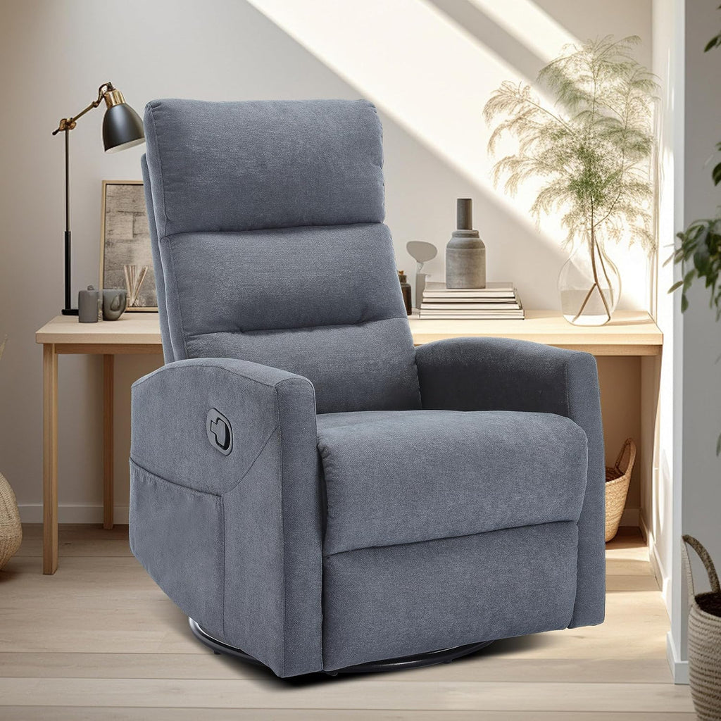360° Swivel Rocking Chair for Nursery, Manual Glider Chair Nursing Chair with Side Pockets, Polyester Glider for Living Room, Heavy Duty Motion Mechanism, Gray