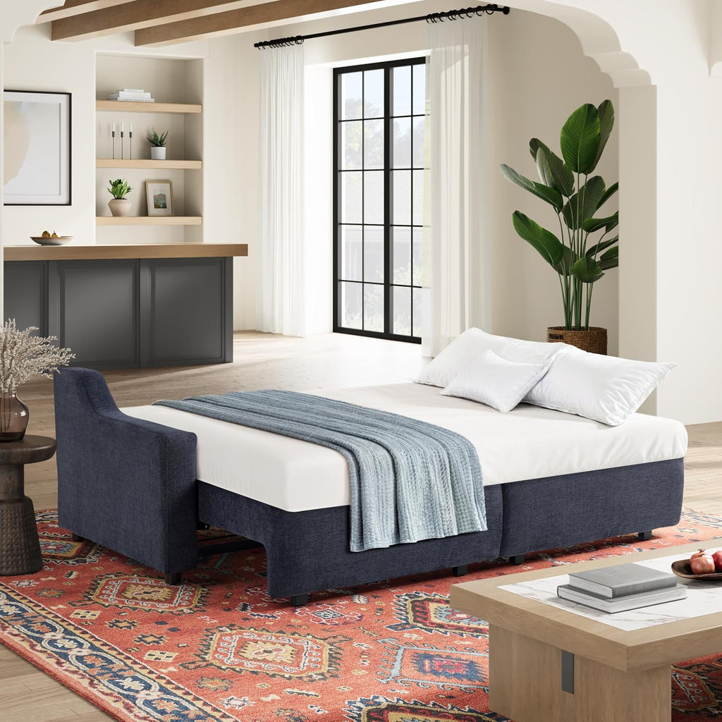 Serta Glendale 90.2' Queen Size Wall-Hugging Convertible Sofa, Dreamcoil Comfort, Chenille Fabric, Navy