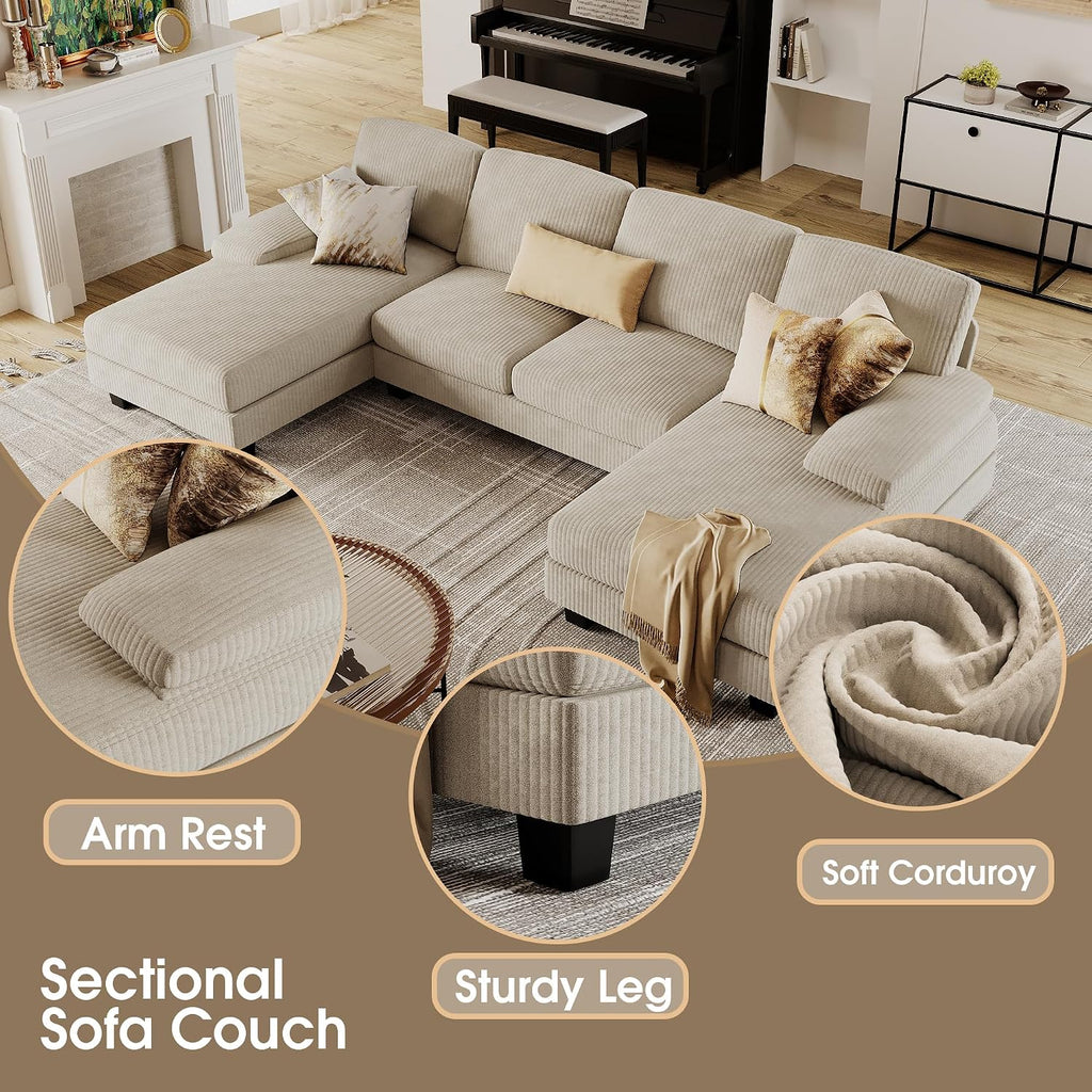 Furmax Sectional Couches for Living Room, U-Shaped Sofa Couch with Linen Fabric, 4 Seat Sofa Set with Double Chaise for Apartment (Corduroy, Beige)