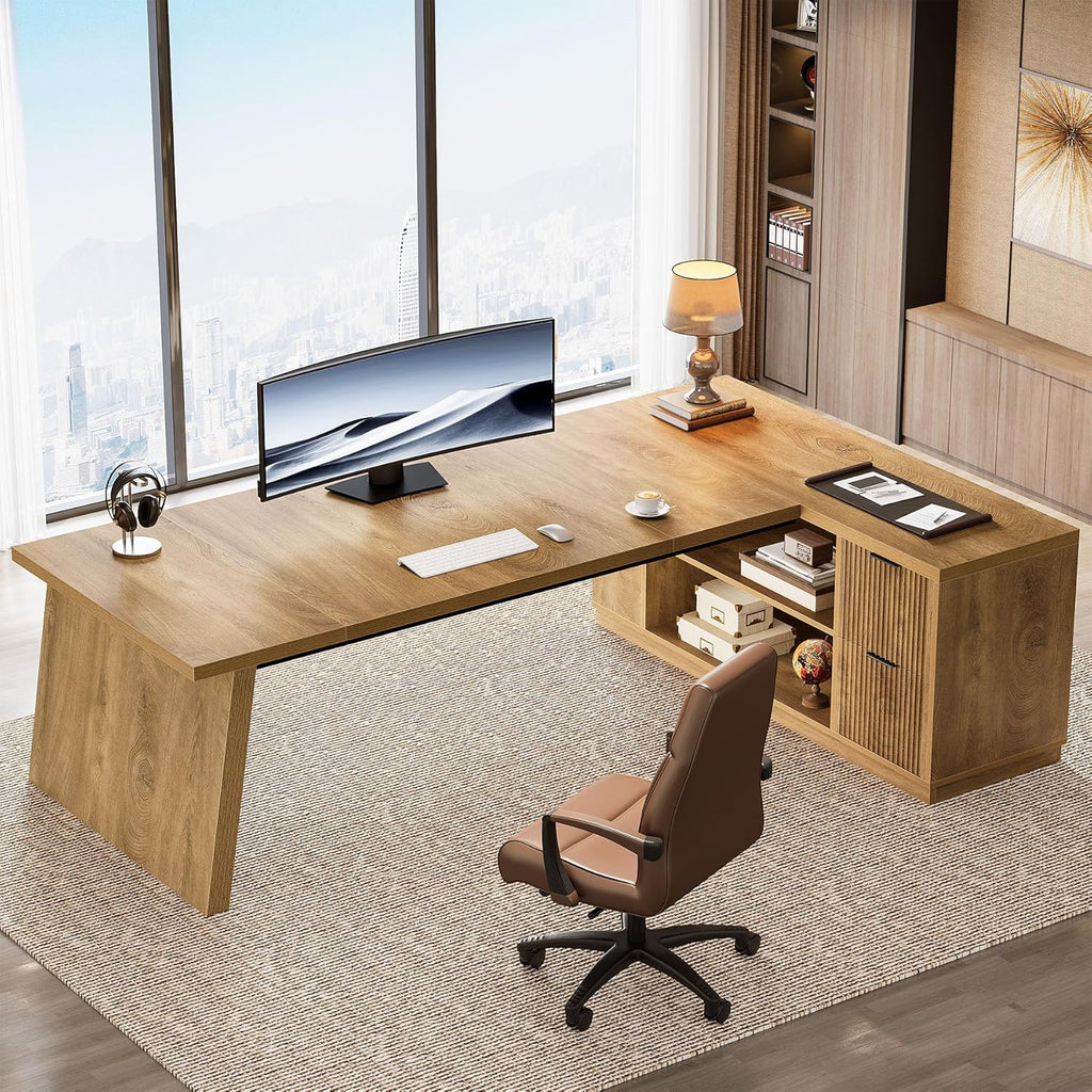 Tribesigns 78' L Shaped Desk with Drawers, Large Executive Office Desk with File Cabinet and Shelves, Modern Corner Computer Table Business Furniture for Home Office, Brown