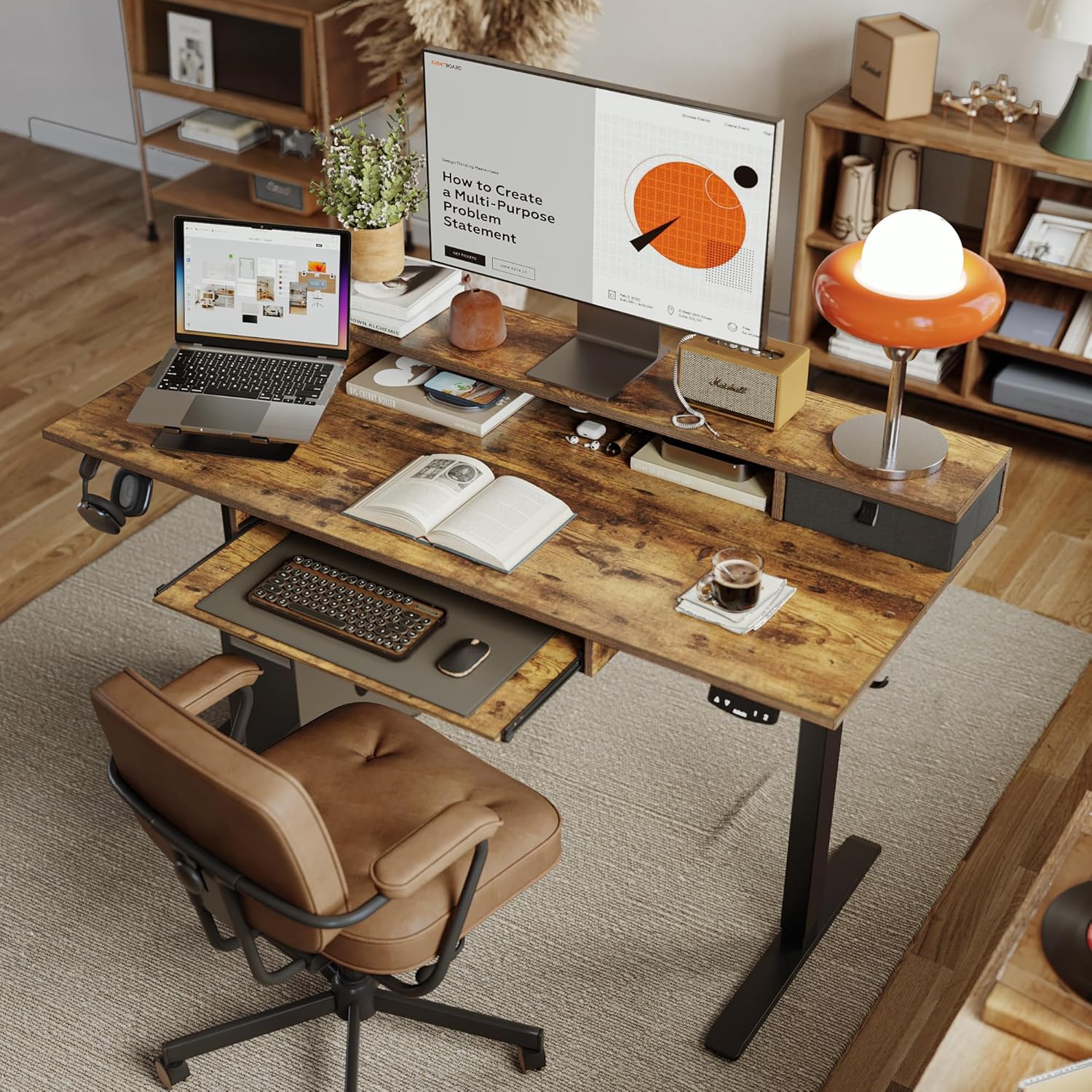 Agilestic Electric Standing Desk with 2 Drawers and Keyboard Tray, 55 x 24 Inches Ergonomic Adjustable Height Desk with Storage, Sit Stand up Computer Workstation, Rustic Brown