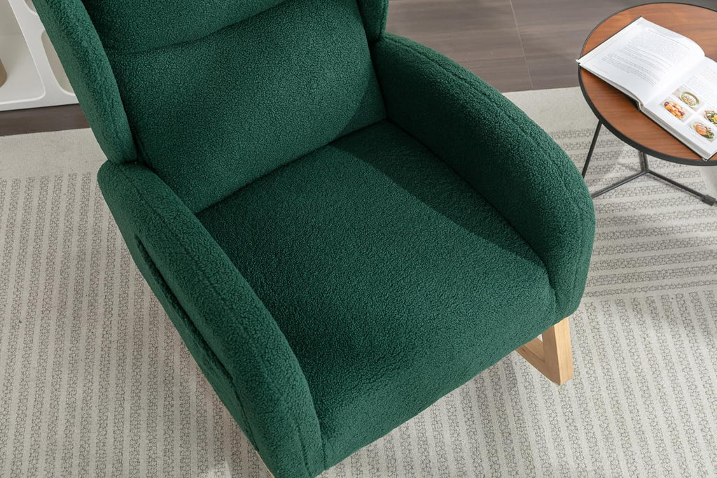 Nursery Glider Chair - Wingback Teddy Upholstered Rocking Chair with High Backrest, Ergonomic Rocker Chair for Breastfeeding & Baby Room, Modern Accent Armchair for Living Room & Bedroom, Green