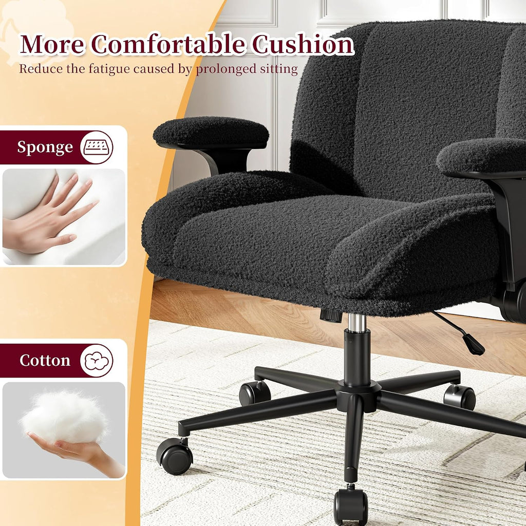 DurayLoly Criss Cross Chair with Wheels,Flip Up Arms,Wide Seat,Teddy Fleece,Adjustable Height,Cross Legged Desk Chair for Bedroom,Dorm,Home Office,Black