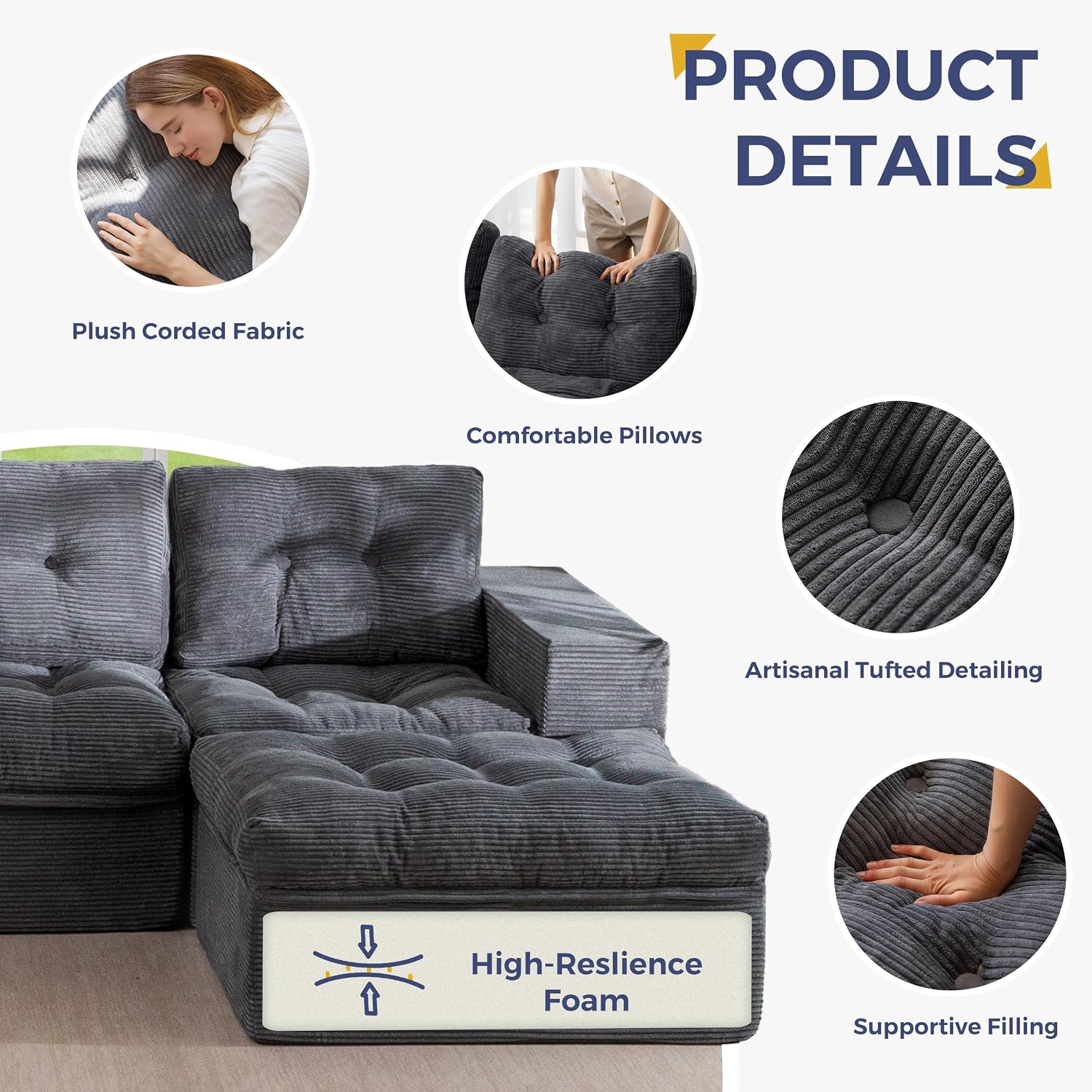 MAXYOYO Modular Sectional Sofa with Ottoman and Loveseat, Cloud Boneless Couch with Layered Cushion, Flexible Module Combination Sofa for Living Room, No Assembly Required,Dark Grey