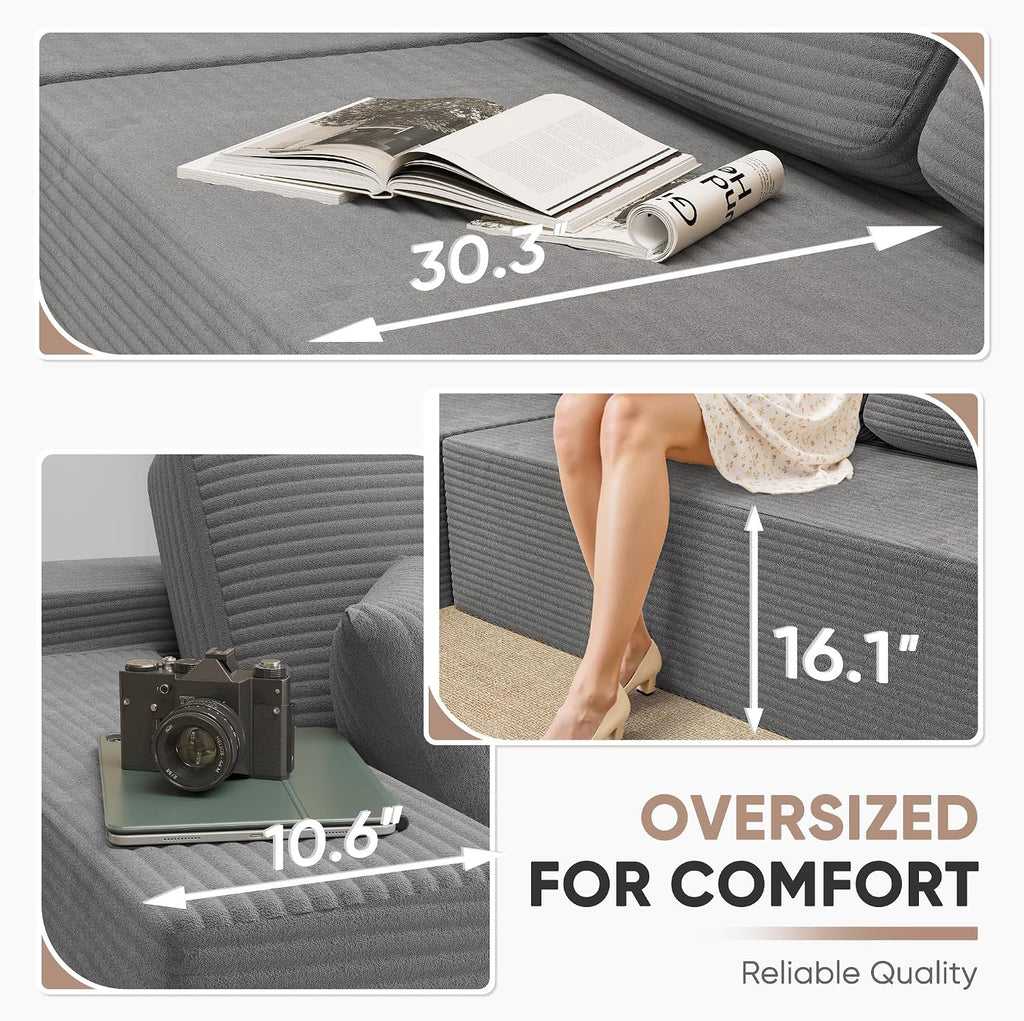 Homall 108' Modular Sectional Sofa, Boneless Couch with L-Shape Chaise, Cloud Couch with Deep Seat Upholstered, No Assembly Required for Living Room, Bedroom (Corduroy, Grey)