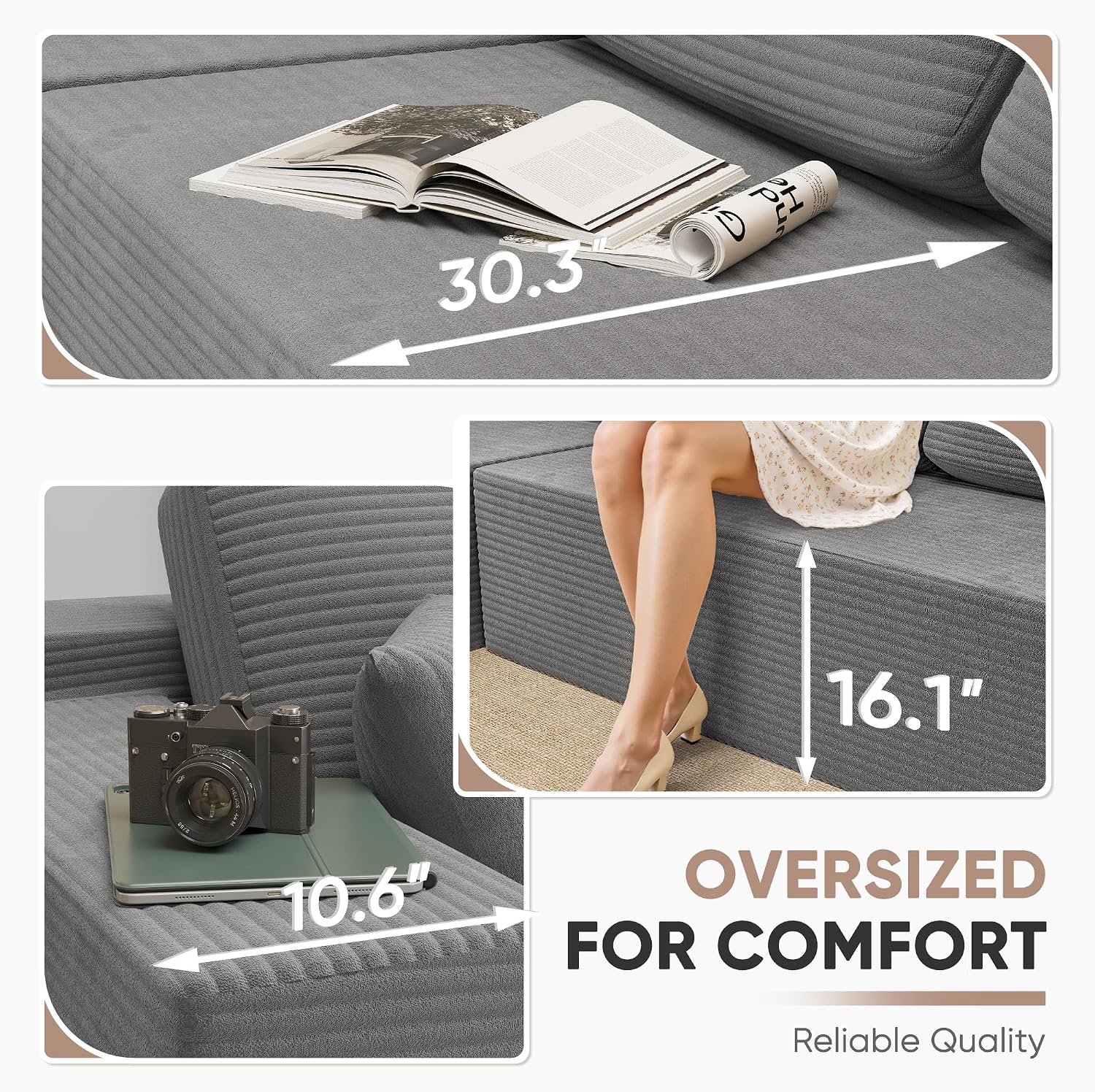 Homall 108' Modular Sectional Sofa, Boneless Couch with L-Shape Chaise, Cloud Couch with Deep Seat Upholstered, No Assembly Required for Living Room, Bedroom (Corduroy, Grey)