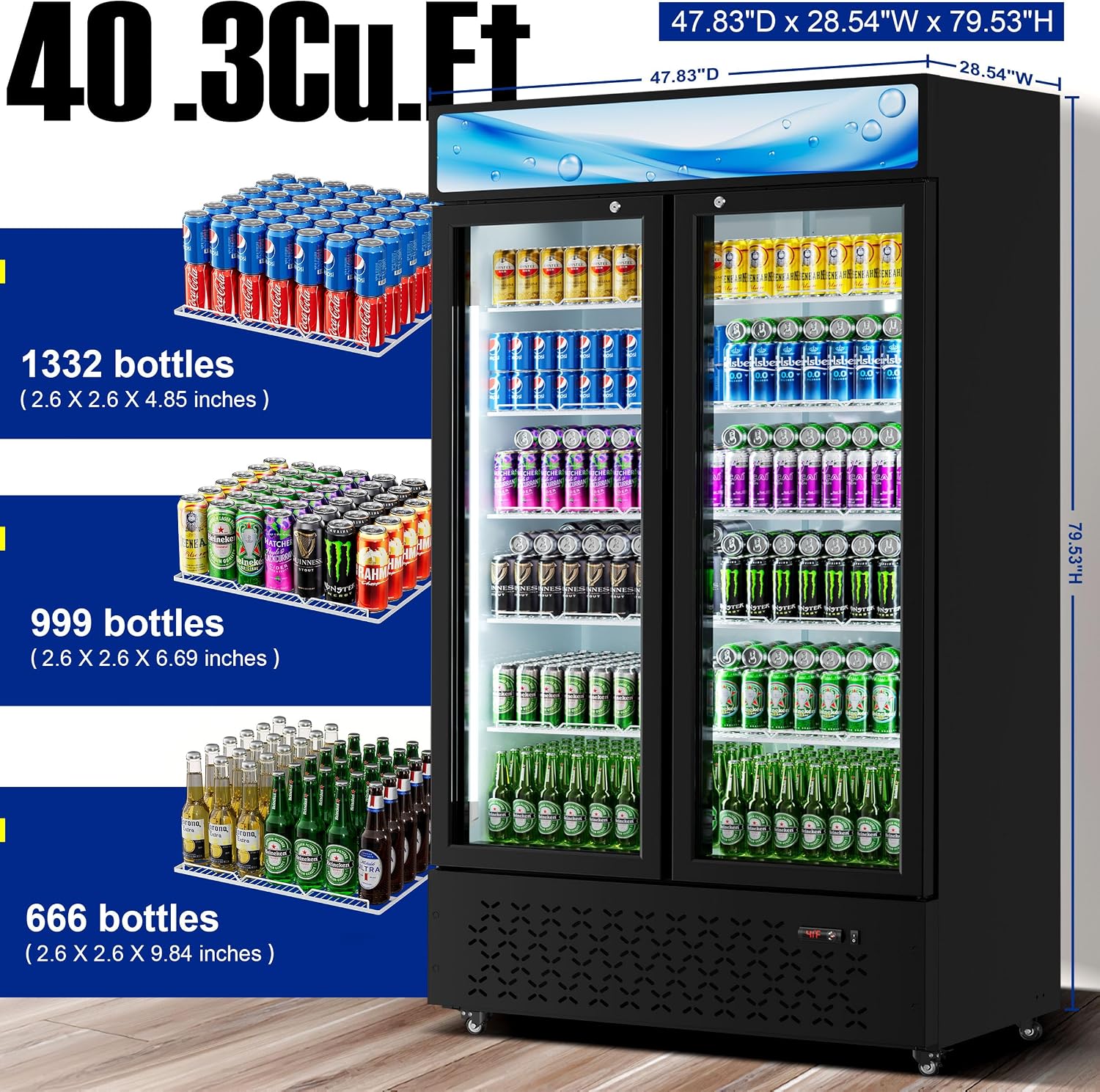 Beverage Cooler Commercial Refrigerator 40.3 Cu.Ft. Glass Door Display Refrigerator with LED Light, Shelves, Display 10 Commercial Beverage Refrigeratorfor Restaurant Cafe Bar Store (40.3 Cu.Ft.)