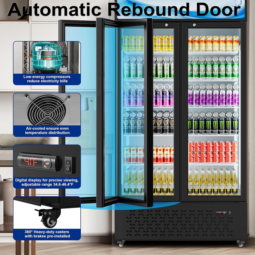 Beverage Cooler Commercial Refrigerator 40.3 Cu.Ft. Glass Door Display Refrigerator with LED Light, Shelves, Display 10 Commercial Beverage Refrigeratorfor Restaurant Cafe Bar Store (40.3 Cu.Ft.)