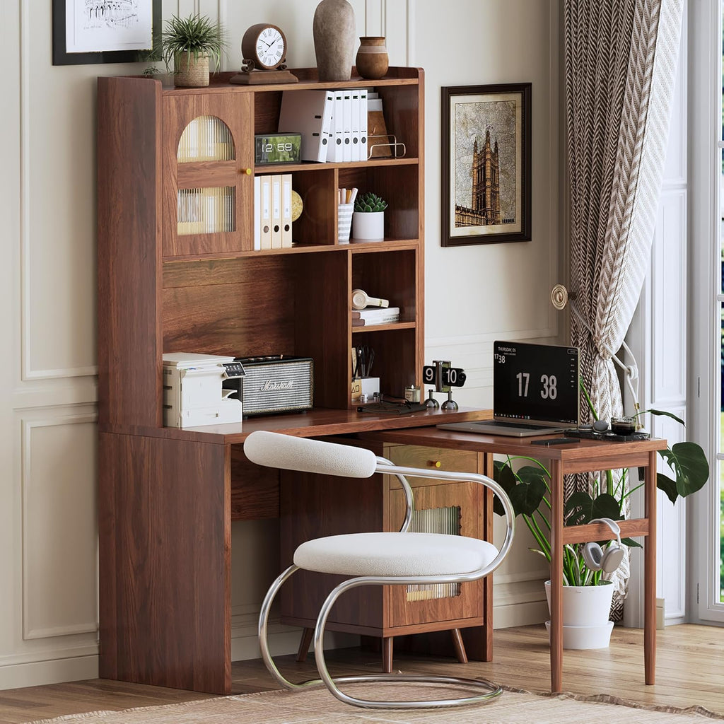 Bellemave Computer Desk with 90 Degree Rotating Desktop, 43x70 Inch Home Office Desk with Drawer and Storage Cabinets, Gaming Desk with Shelves, Writing Desk for Study (Walnut)