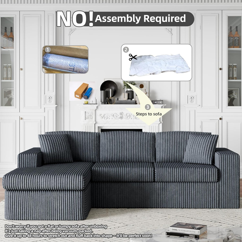 Shintenchi 105' Modular Sectional Sofa, Boneless L Shaped Couch with Deep Seat, Cloud Foam Couch with Oversized Chaise, Plush Cordurory Sofa No Assembly Needed for Living Room, Dark Gray