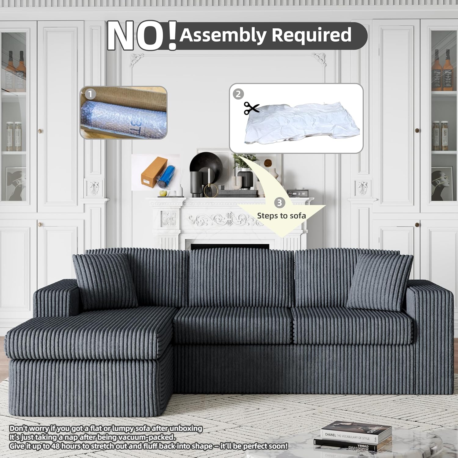 Shintenchi 105' Modular Sectional Sofa, Boneless L Shaped Couch with Deep Seat, Cloud Foam Couch with Oversized Chaise, Plush Cordurory Sofa No Assembly Needed for Living Room, Dark Gray