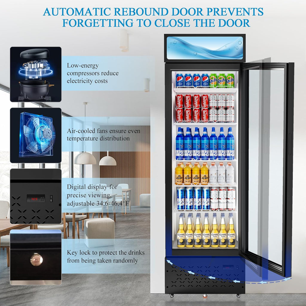 Beverage Cooler Commercial Refrigerator 10 Cu.Ft. Glass Door Display Refrigerator with LED Light, 5 Shelves, Display Commercial Beverage Refrigeratorfor Restaurant Cafe Bar Store (10 Cu.Ft.)