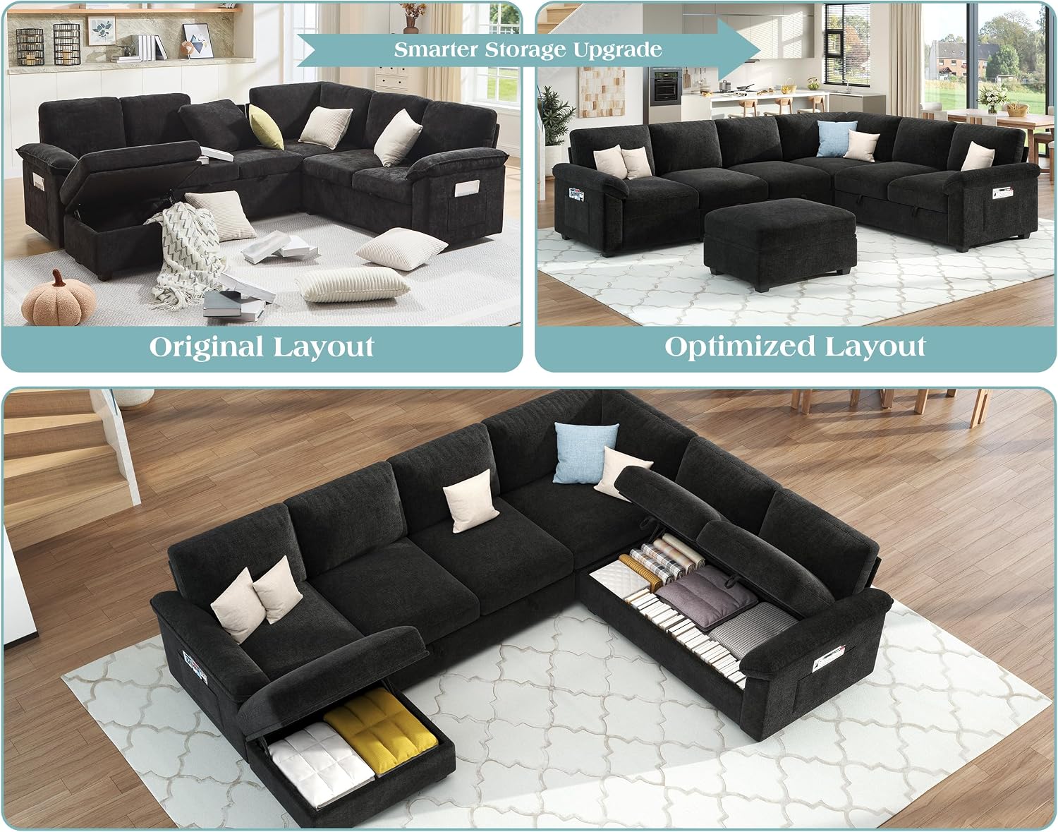 VanAcc 105' Sofa Bed, Sectional Sleeper Sofa with Pull Out Bed/Reclining Backrest, 6 Seater Couches for Living Room, Sleeper Couch Bed with Storage, Chenille Black