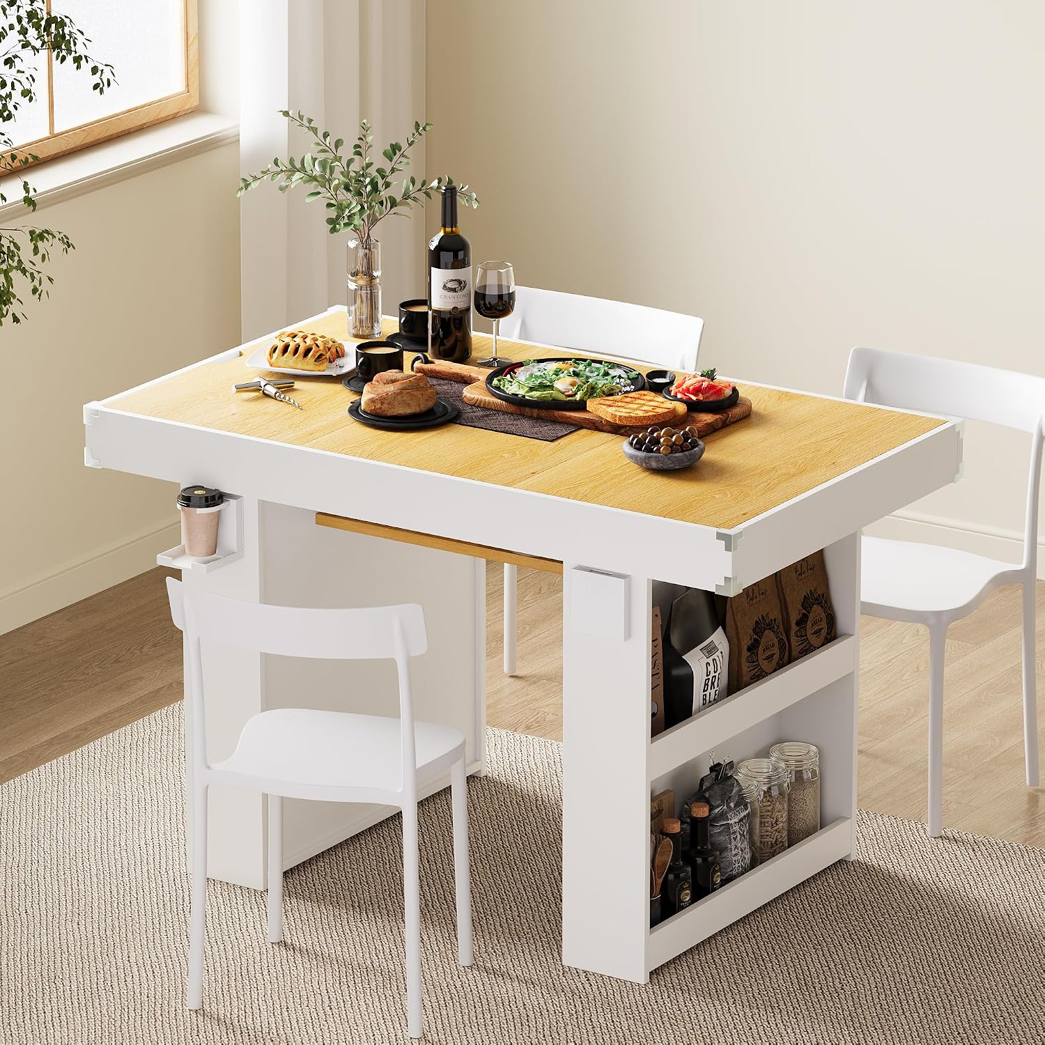 Gaming & Dining Table with Removable Top & PU Leather Mat, Board Game Table for 4-6 Players, Side Storage Shelves & Cup Holders, Corner Protectors, for Card Games, DND, Poker & Building Blocks