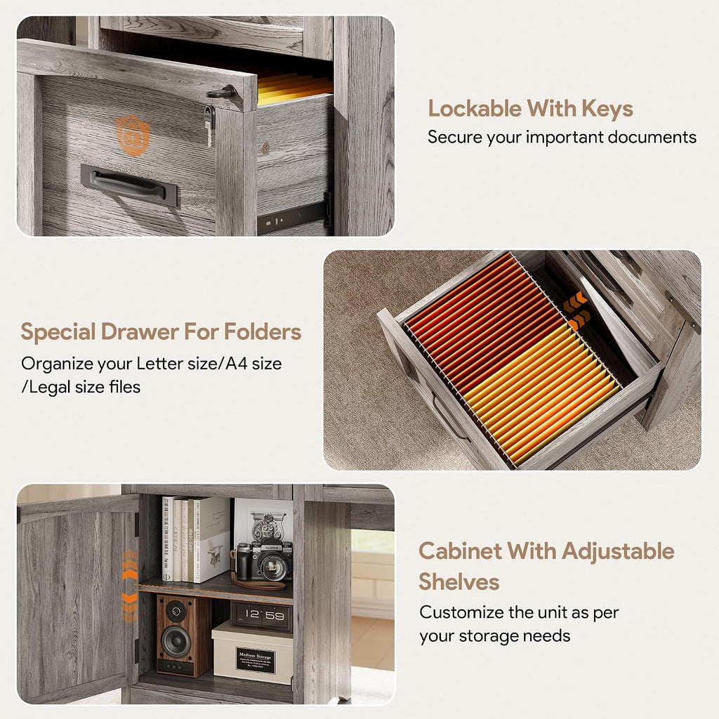 Decofy Farmhouse Executive Desk with Drawers, 55' Home Office Desks with Fast Charging Station, Lockable File Cabinet, Wood Writing Computer Desk for Work, Study, Grey