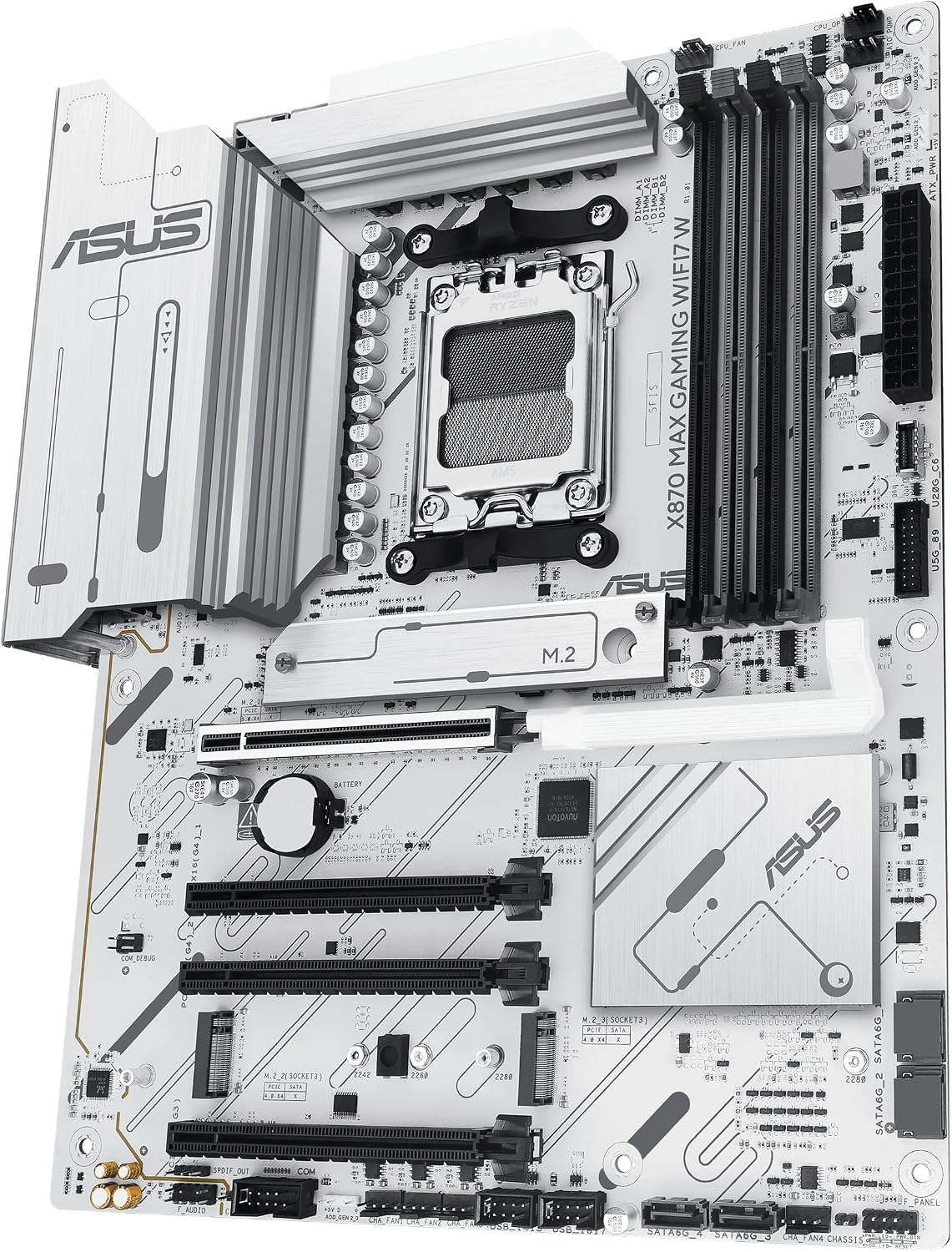 ASUS X870 MAX GAMING WIFI7 W AMD AM5 ATX Motherboard, 8-layer White PCB, 12+2+1 80A DrMOS, DDR5, PCIe 5.0 x16 Q-Release, 3x M.2, Wi-Fi 7 Q-Antenna, USB4® Type-C®, 2.5Gb LAN, BIOS FlashBack™, Aura Sync