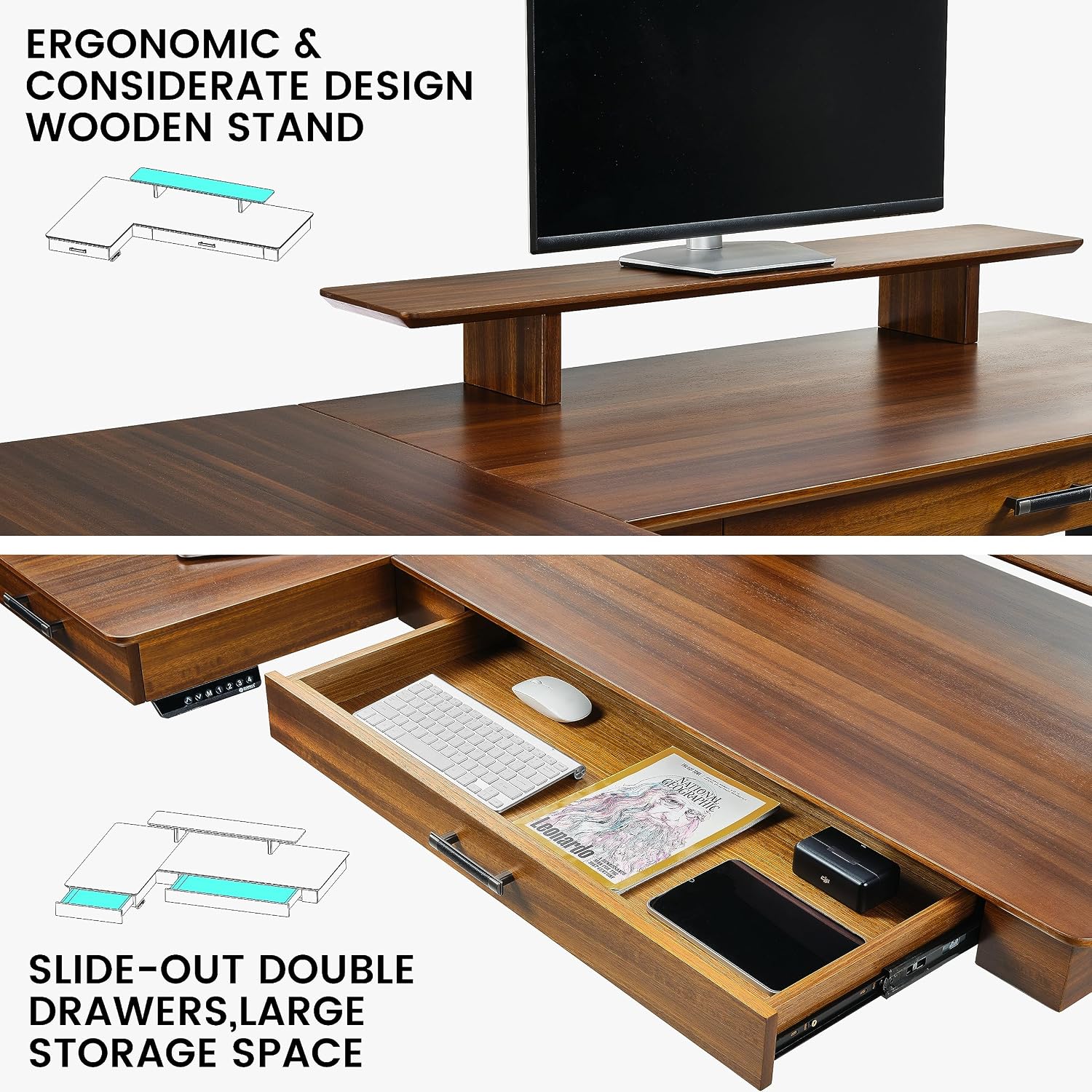 EUREKA ERGONOMIC L Shaped Desk 63', Solid Walnut Wood Top, Executive Standing Desk Adjustable Height, Dual Motor Corner Workstation with Drawers & Monitor Shelf for Home Office, Left