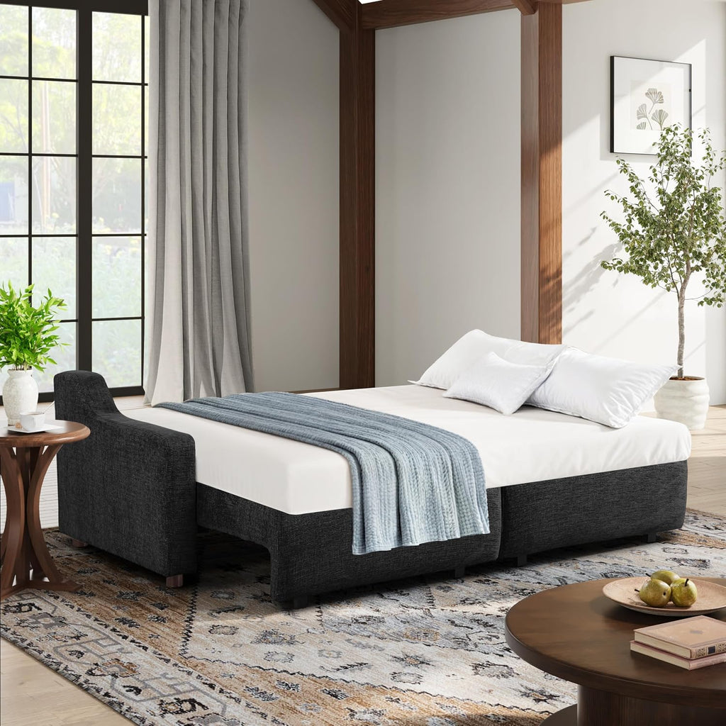 Serta Glendale 90.2' Queen Size Wall-Hugging Convertible Sofa, Dreamcoil Comfort, Chenille Fabric, Black