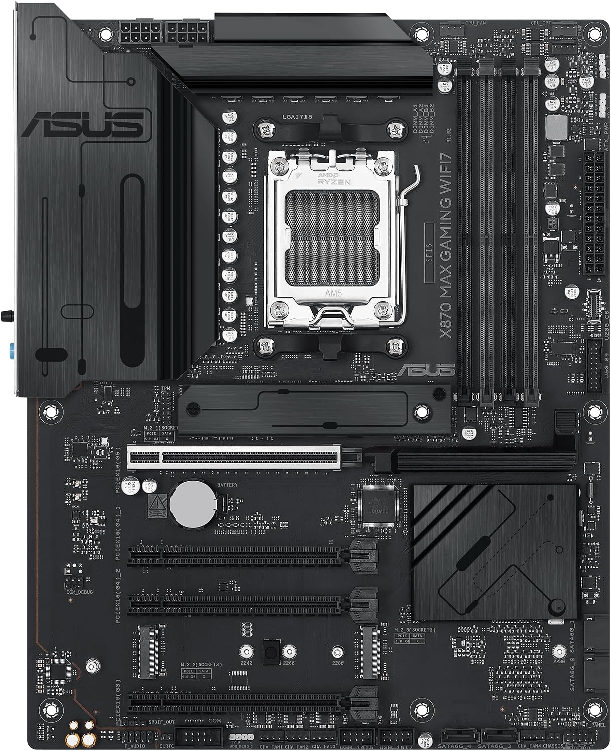 ASUS X870 MAX Gaming WIFI7 AMD AM5 ATX Motherboard, 12+2+1 80A DrMOS, DDR5, PCIe 5.0 x16 Q-Release, 3X M.2, Wi-Fi 7 Q-Antenna, 2.5Gb LAN, USB4® Type-C®, USB-C® 20Gbps, BIOS Flashback™, Aura Sync