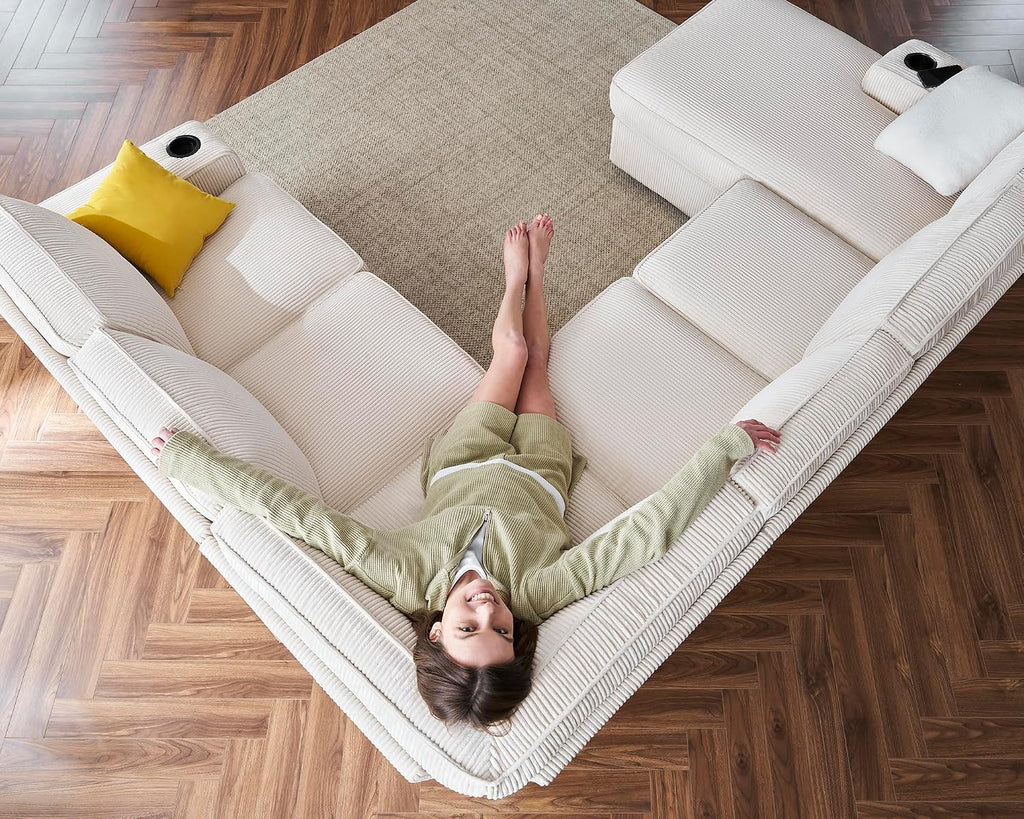 AMERLIFE 112 Inch U Shaped Couch, Oversized Couch with Storage Chaise & Cup Holders, Sectional Sofa with USB & Type-C Charging Ports, Corduroy Beige