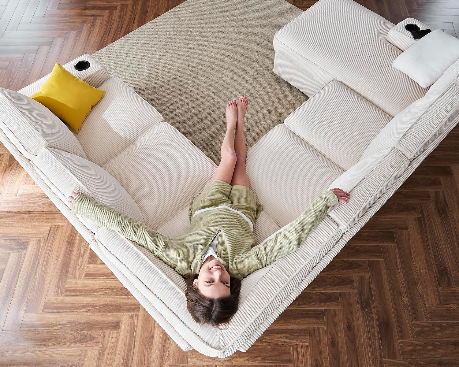 AMERLIFE 112 Inch U Shaped Couch, Oversized Couch with Storage Chaise & Cup Holders, Sectional Sofa with USB & Type-C Charging Ports, Corduroy Beige
