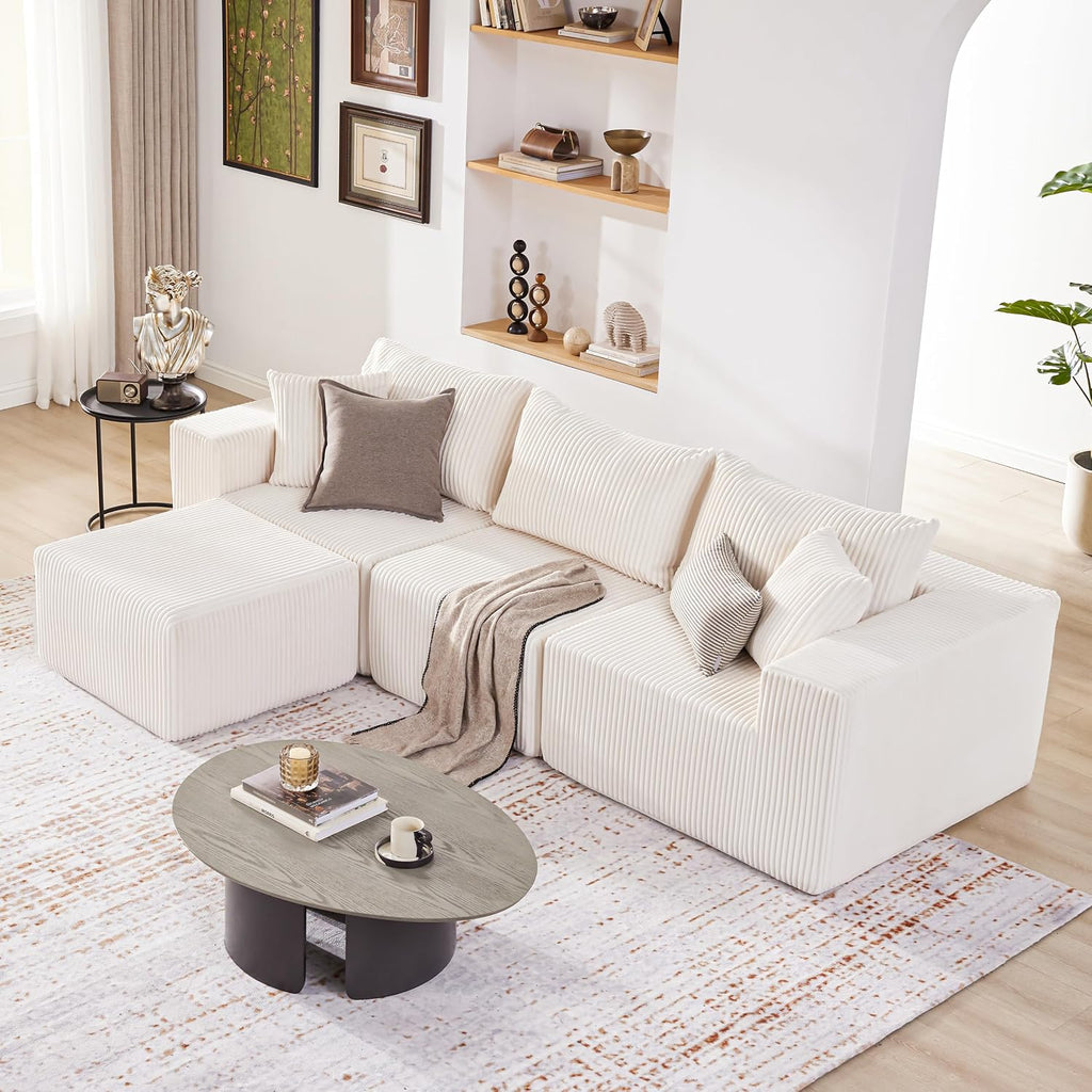 Weture 107.4' Cloud Couch Sectional, Modular Sofa with Deep Seat, Plush Corduroy L Shaped Boneless Couch, Convertible Sectional Couches for Living Room, 4Seat, Beige