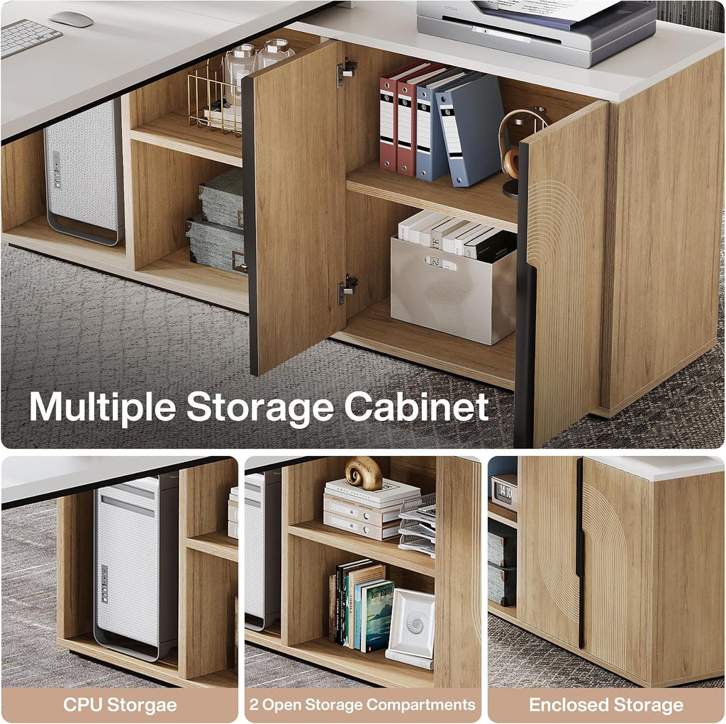 Tribesigns 74.8 Inch Executive Desk, Large Office Desk with Cabinet, L Shaped Computer Desk with Shelves and CPU Storage, Modern Home Office Desks Business Furniture Workstation Set, White and Wood