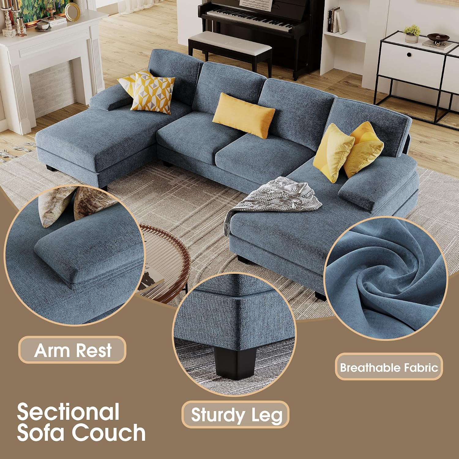 Furmax Sectional Couches for Living Room, U-Shaped Sofa Couch with Linen Fabric, 4 Seat Sofa Set with Double Chaise for Apartment (Fabric, Light Blue)