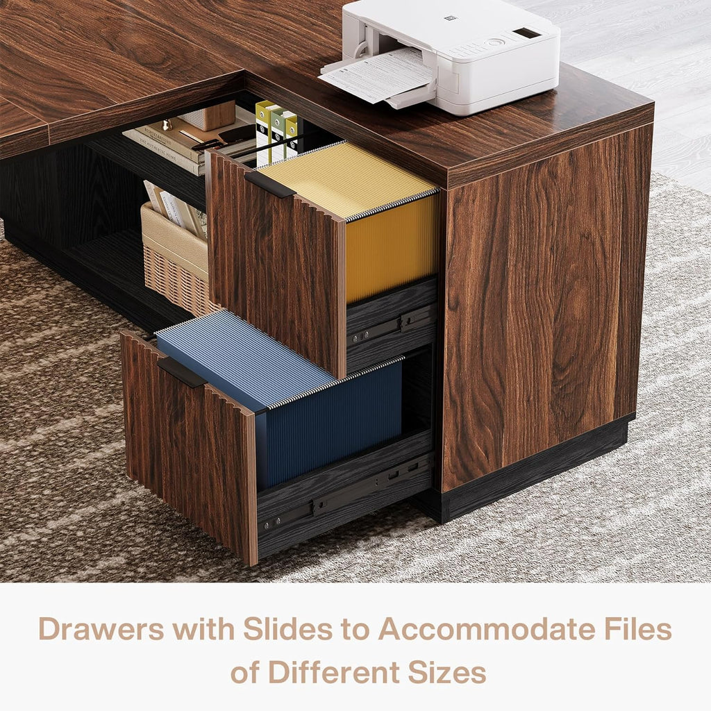 Tribesigns 78' L Shaped Executive Desk, Large Office Desk with Drawers and Storage Shelves, Modern Corner Computer Table Business Furniture for Home Office (Walnut & Brown)