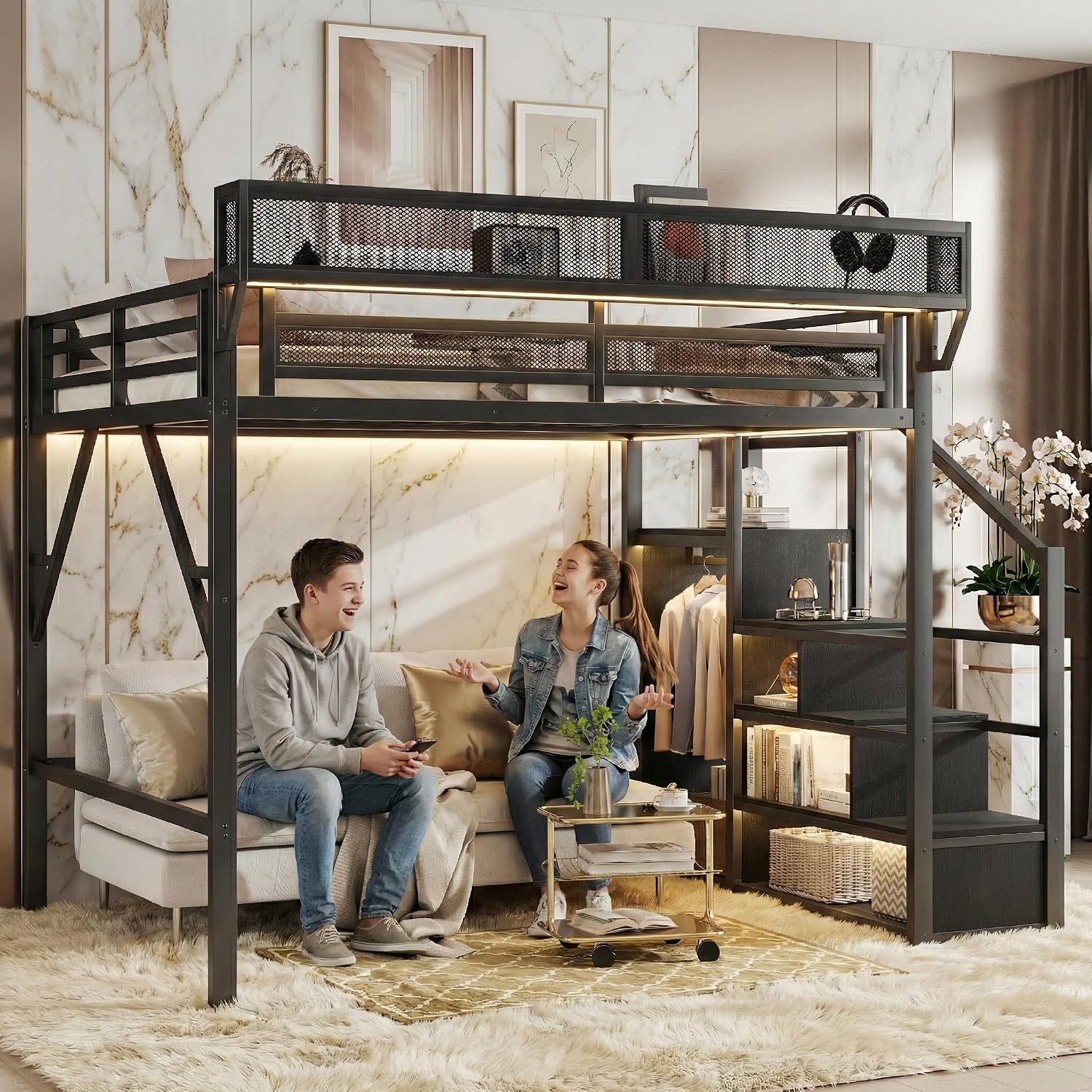 Queen Size Loft Bed Frame for Adults,Metal Queen Lofts Bed with Stairs & Storage Shelf, Heavy Duty High LoftBed with Wardrobe for Teens,Girls Boys, Black +Black Stair