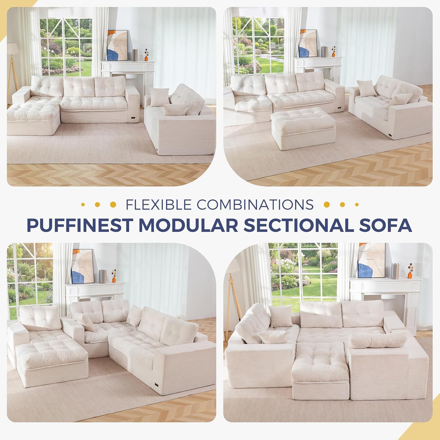 MAXYOYO Modular Sectional Sofa with Ottoman and Loveseat, Cloud Boneless Couch with Layered Cushion, Flexible Module Combination Sofa for Living Room, No Assembly Required,Beige