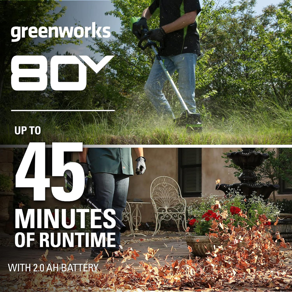 Greenworks 80V Brushless Cordless Yard Tool Combo Kit with 2.0Ah Battery & Rapid Charger – 16' Dual-Line String Trimmer and 500 CFM / 125 MPH Leaf Blower, Variable Speed, 4-Year Warranty