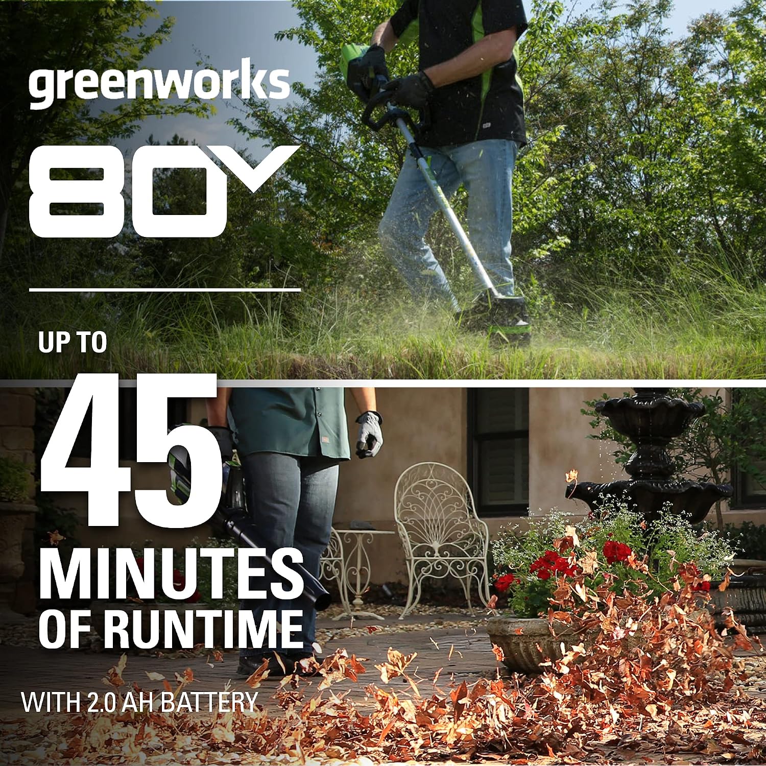 Greenworks 80V Brushless Cordless Yard Tool Combo Kit with 2.0Ah Battery & Rapid Charger – 16' Dual-Line String Trimmer and 500 CFM / 125 MPH Leaf Blower, Variable Speed, 4-Year Warranty
