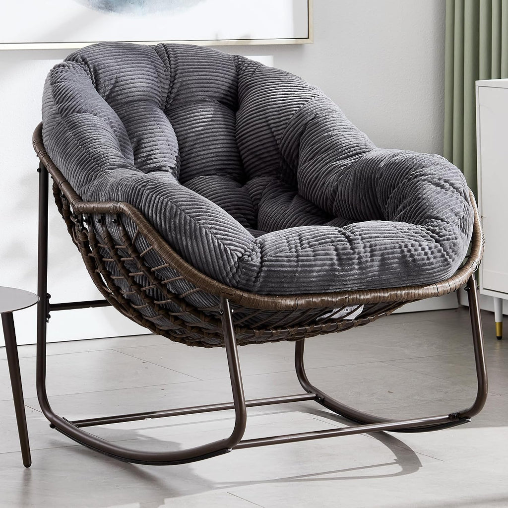 HOMEFUN Outdoor Patio Rocking Chairs, Oversized Papasan Rock Chair Indoor with Striped Velvet Padded Cushion - Rocker Egg Seat for Front Porch, Garden, Patio, Backyard Grey