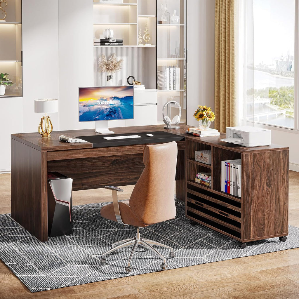 Tribesigns 62.2' Executive Desk with Mobile File Cabinet, L-Shaped Office Desk with Storage Shelves, Large Computer Table Business Workstation Set for Home Office, Dark Brown