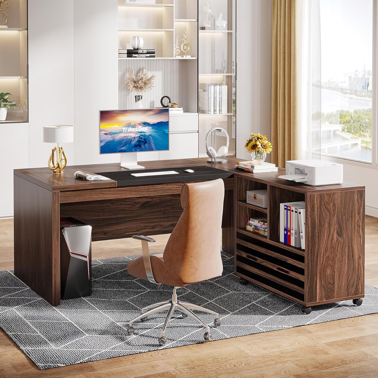 Tribesigns 62.2' Executive Desk with Mobile File Cabinet, L-Shaped Office Desk with Storage Shelves, Large Computer Table Business Workstation Set for Home Office, Dark Brown
