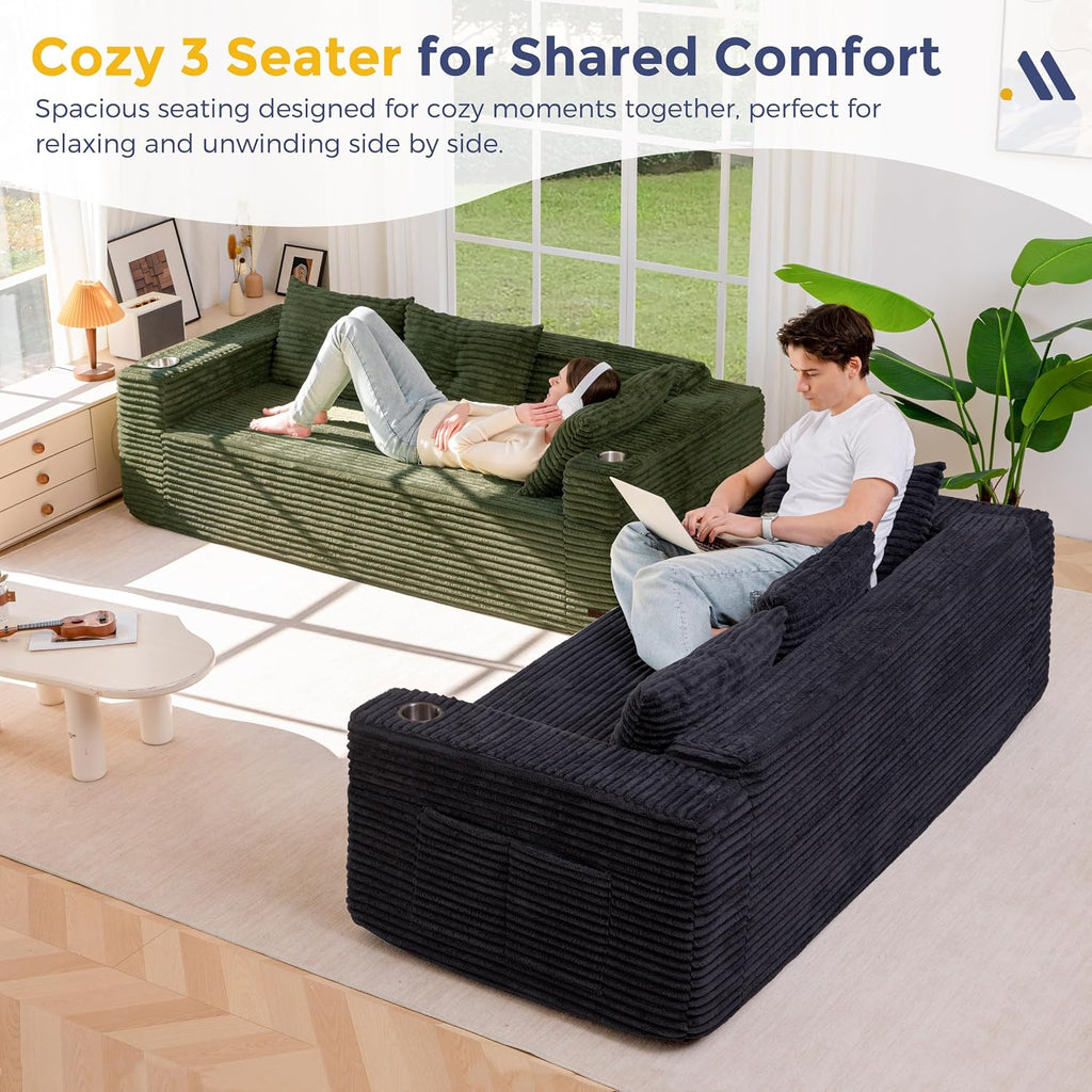 MAXYOYO 79' Oversized Boneless Loveseat Sofa Couch for Small Spaces, Mini Love Seat Floor Couch with Cup Holders and Pillows, 3-Seater Upholstered Cloud Couch for Bedroom, No Assembly Required