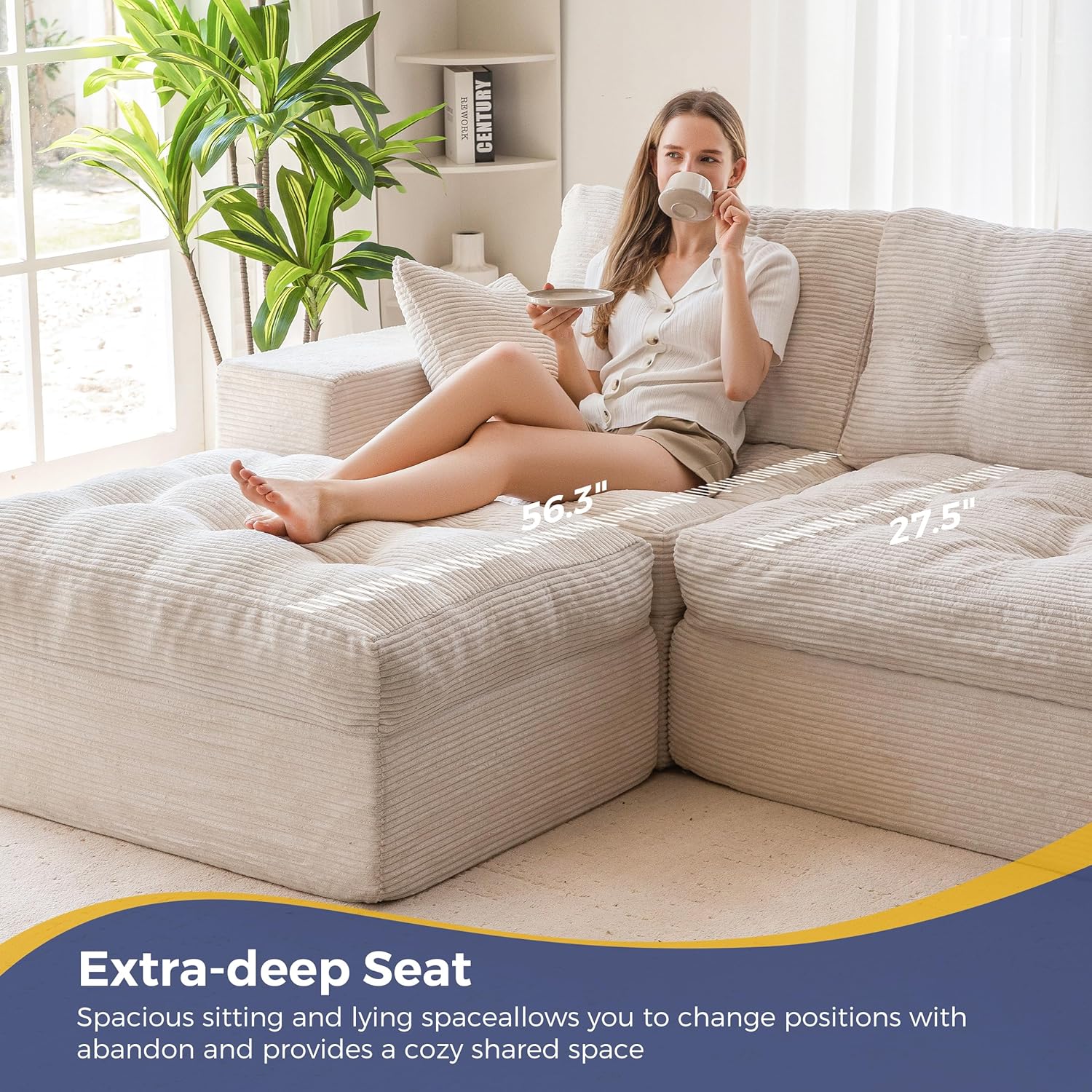 MAXYOYO 104' L Shaped Modular Sectional Sofa with Ottoman, Cloud Boneless Couch with Layered Cushion, Upholstered Sofa Flexible Module Combination for Living Room, No Assembly, Beige