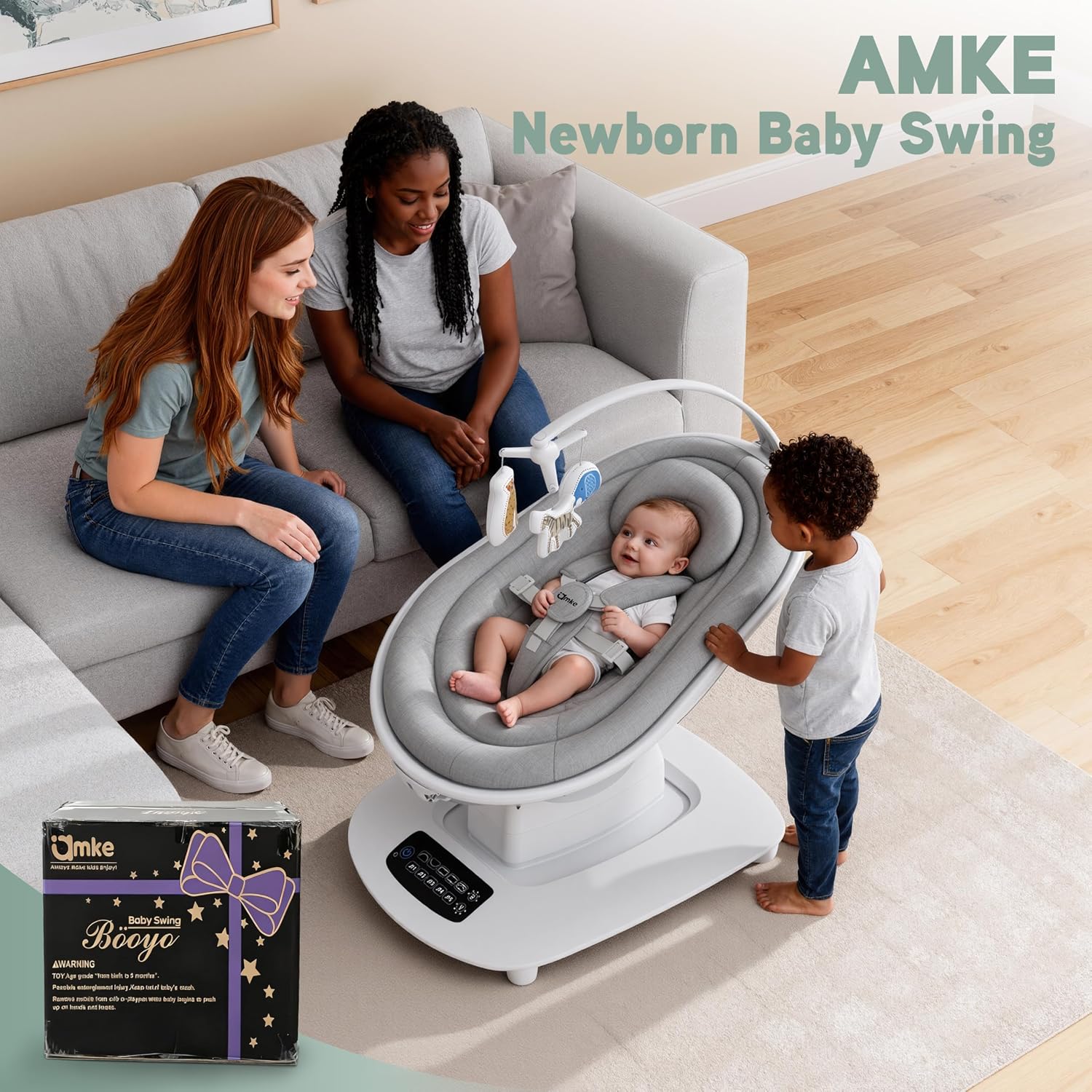 AMKE Luxury Electric Baby Swing Rocker for Infants, 5 Soothing Motions & Speeds, 3-Position Recline, Stable Dual-Motor Sway Rocking Chair for Baby Boy Girl Shower Gifts, Newborn Essentials for Parents