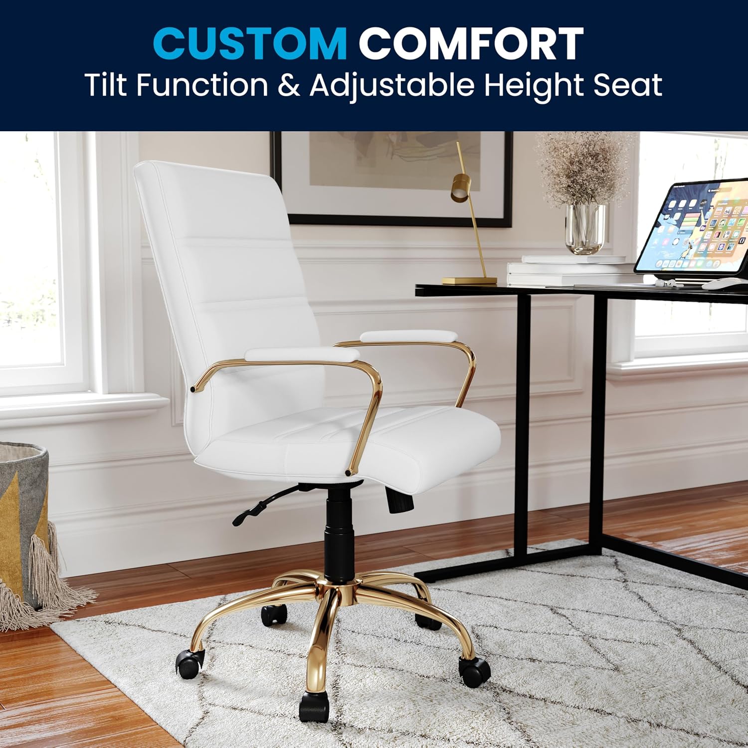 Flash Furniture Whitney Mid-Back Swivel LeatherSoft Desk Chair with Padded Seat and Armrests, Adjustable Height Padded Office Chair, White/Gold