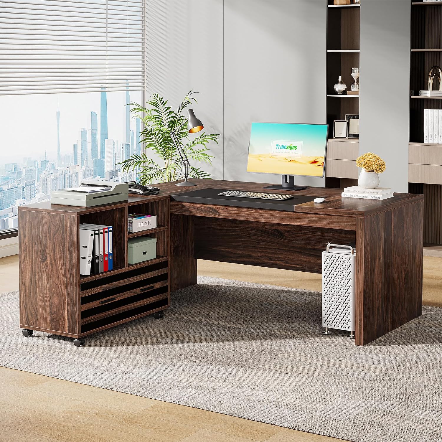 Tribesigns 62.2' Executive Desk with Mobile File Cabinet, L-Shaped Office Desk with Storage Shelves, Large Computer Table Business Workstation Set for Home Office, Dark Brown
