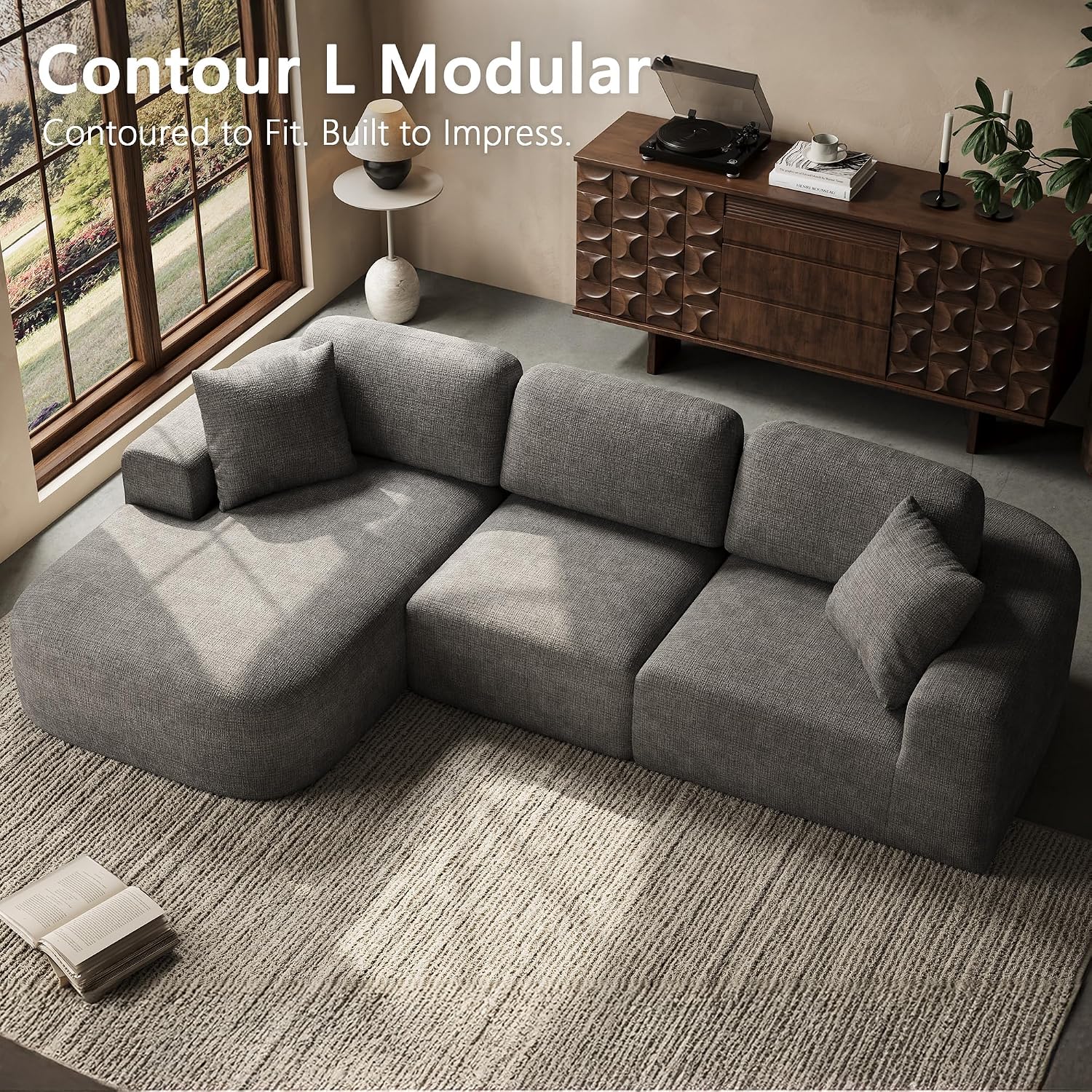 Dowinx 107'' Modular Sectional Sofa Couch with Chaise, No Assembly Required, Modern Bouclé-Inspired Upholstery, Convertible L-Shaped Design for Living Room – Charcoal Grey