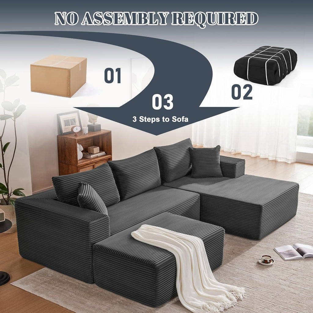 Mangodan 110' Cloud Sectional Couch, Boneless Sofa for Living Room, Modular Sectional Sofa with Deep Seat, Comfy Fluffy U-Shaped Couch with Right-Facing Chaise, No Assembly Required, Grey