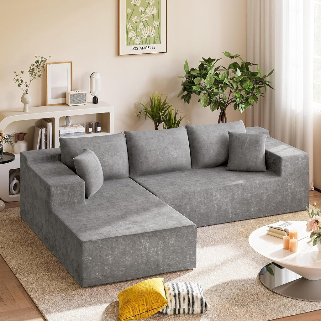 Homall 108' Modular Sectional Sofa, Boneless Couch with L-Shape Chaise, Cloud Couch with Deep Seat Upholstered, No Assembly Required for Living Room, Bedroom (Chenille, Grey)