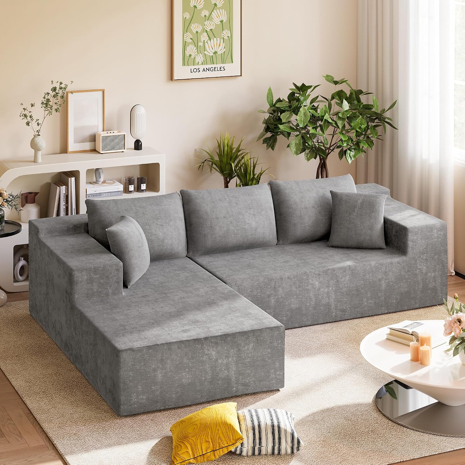 Homall 108' Modular Sectional Sofa, Boneless Couch with L-Shape Chaise, Cloud Couch with Deep Seat Upholstered, No Assembly Required for Living Room, Bedroom (Chenille, Grey)